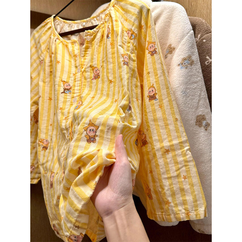 韩版甜美卡通印花条纹睡衣女2025秋季新款大码长袖长裤家居服套装