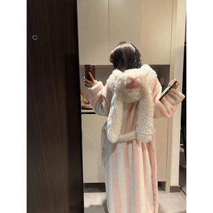 甜美卡通兔子连帽浴袍珊瑚绒睡衣女秋冬季加厚加绒保暖家居服睡袍