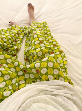 清新少女绿色小苹果印花睡裤女