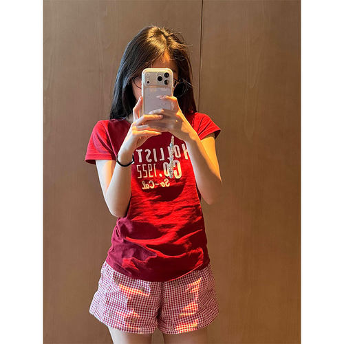 甜美风复古红字母印花睡衣女夏