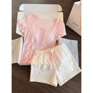 可爱少女风粉色带胸垫短袖睡衣女2026夏季爱心短裤显瘦家居服套装