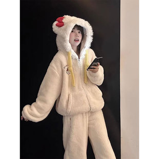 可爱卡通小猫咪连帽珊瑚绒睡衣女秋冬新款大码开衫长裤家居服套装