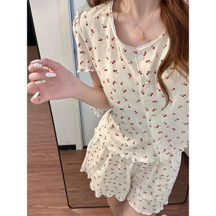 2026新款 家居服套装 大码 短裤 舒适短袖 可爱卡通樱桃印花睡衣女春季