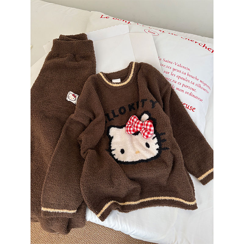 韩系少女卡通猫针织半边绒睡衣女
