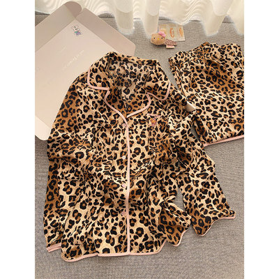 法式复古卡通猫豹纹冰丝睡衣女