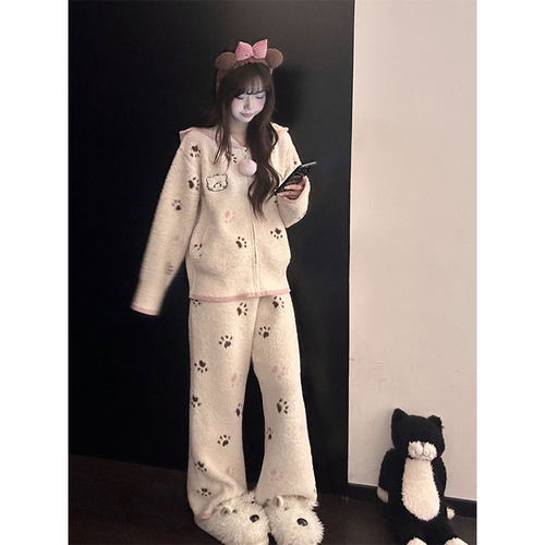 甜美卡通猫耳连帽针织半边绒睡衣