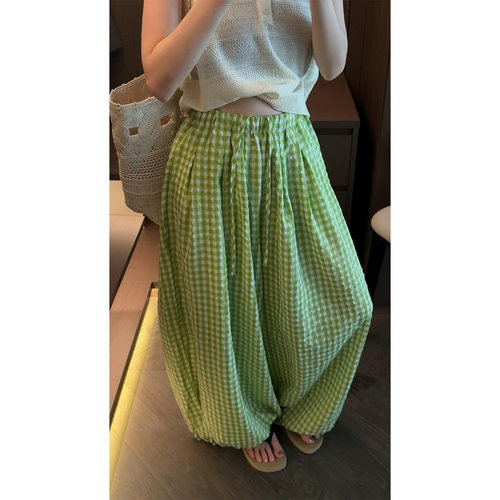 韩系果绿色格子休闲睡裤女