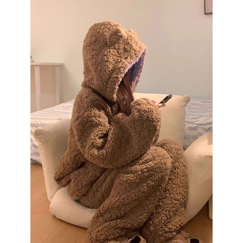 新款保暖加绒加厚毛绒家居服套装