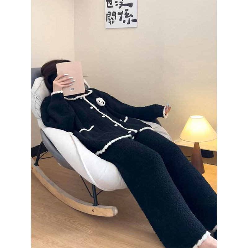 韩系慵懒风休闲半边绒睡衣女2025款秋冬季加绒加厚保暖居家服套装