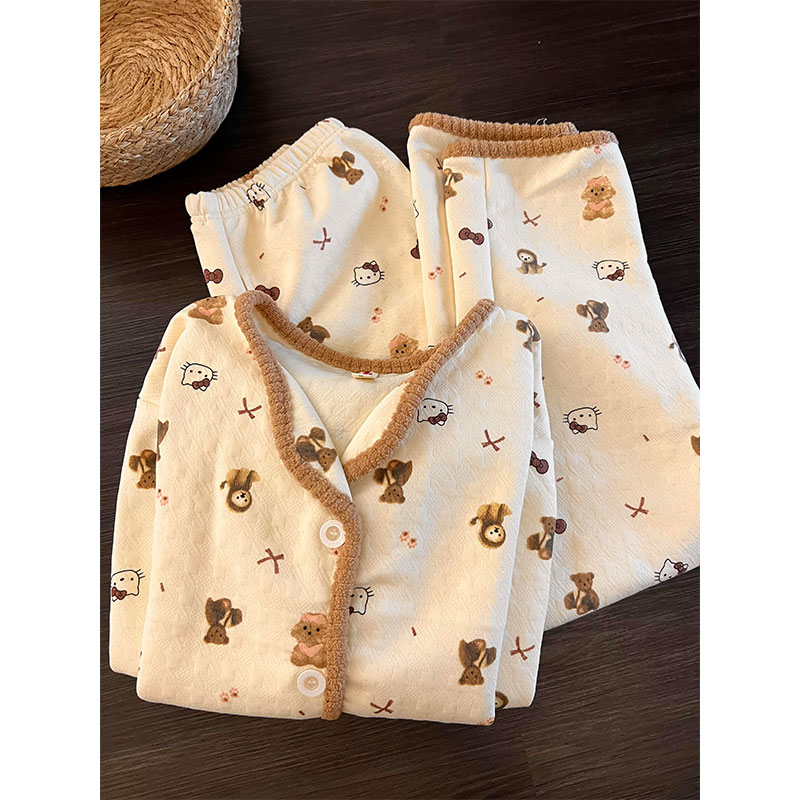 日系可爱卡通猫空气棉睡衣女秋冬