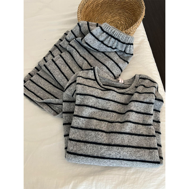 韩版少女条纹长袖德绒睡衣女