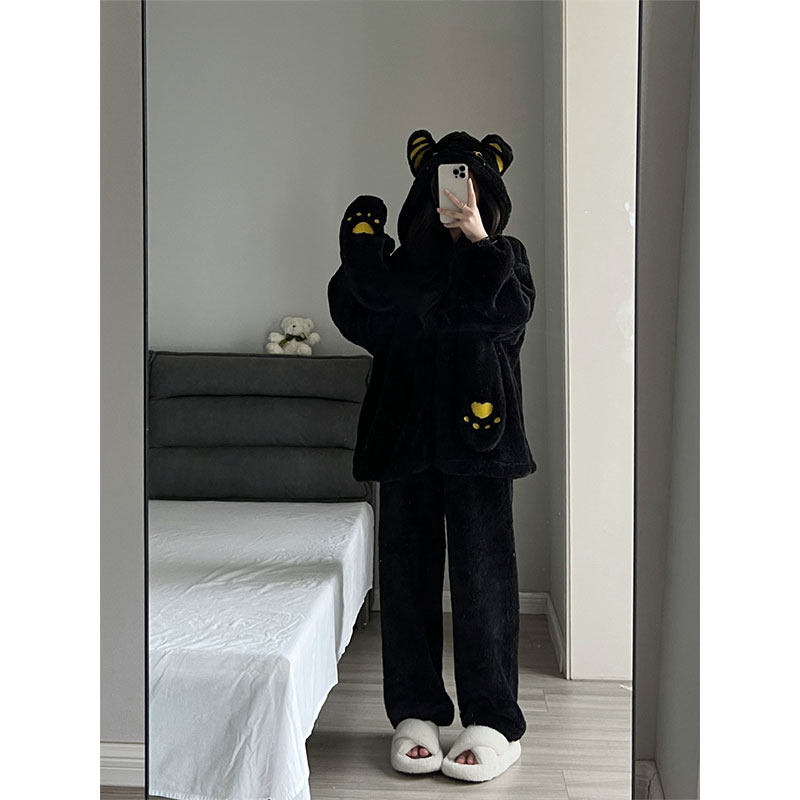 韩系可爱卡通连帽珊瑚绒睡衣女