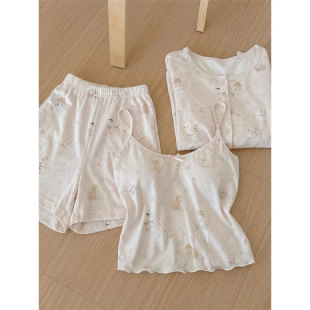 宽松吊带短裤 新款 家居服三件套 睡衣女春季 少女可爱风卡通印花开衫