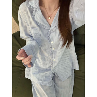 甜美可爱新款 家居服舒适长袖 韩版 少女花边睡衣夏季 可外穿 长裤 套装