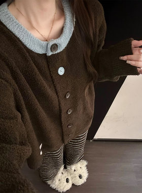 韩版撞色条纹针织睡衣女套装