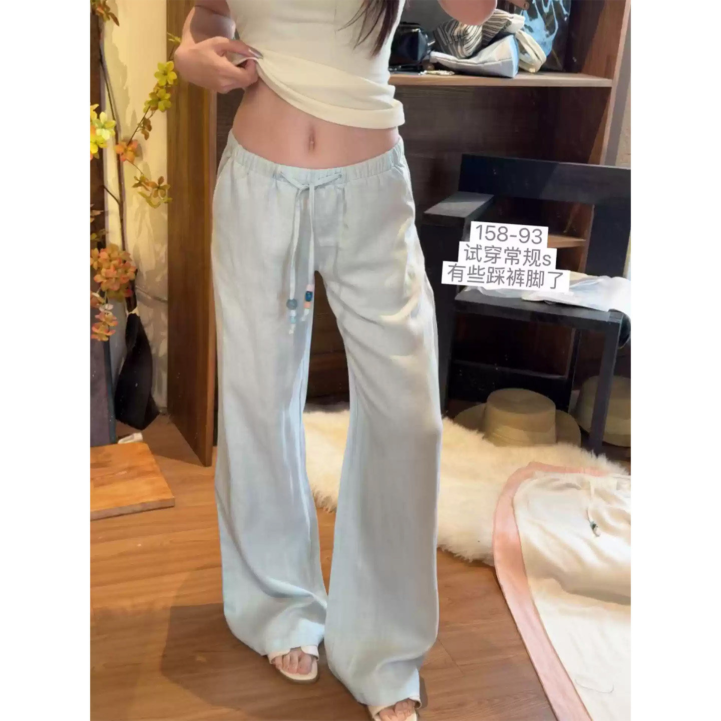 韩系复古蓝色抽绳睡裤女夏季新款阔腿宽松舒适亲肤垂坠居家裤外穿