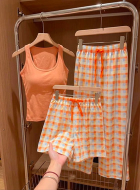 韩系清新橘色格纹带胸垫睡衣女夏季款吊带短裤家居服三件套可外穿