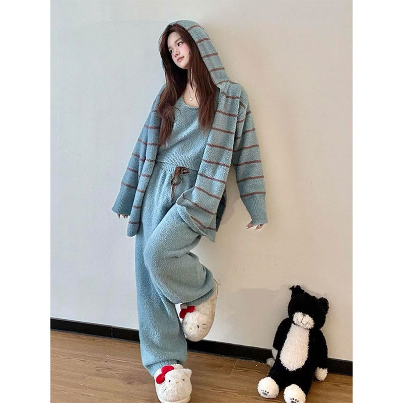 韩版连帽简约半边绒睡衣女三件套冬季新款加绒加厚保暖家居服套装,女士内衣/男士内衣/家居服,睡衣/家居服套装,淘宝优惠券,粉丝福利购,淘宝优惠卷