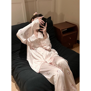 可爱凯蒂猫冰丝睡衣女夏季 高级感缎面显瘦休闲家居服长袖 长裤 套装