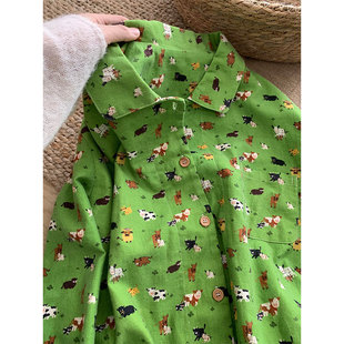 家居服套装 韩系绿色卡通印花开衫 长袖 韩版 睡衣女2026年春秋新款
