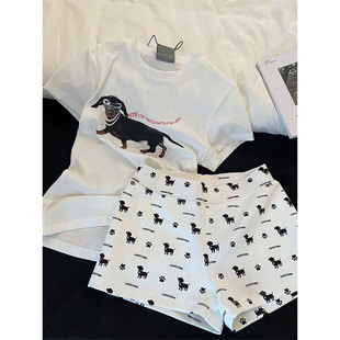 夏季 新款 修身 美式 家居服套装 睡衣女款 短裤 纯欲卡通腊肠狗印花短袖