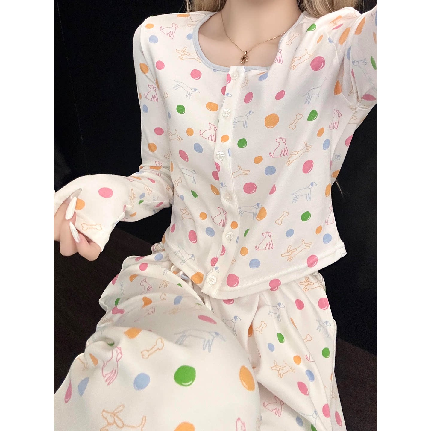 甜美风彩色波点睡衣女2026秋季长袖长裤休闲柔软家居服套装可外穿