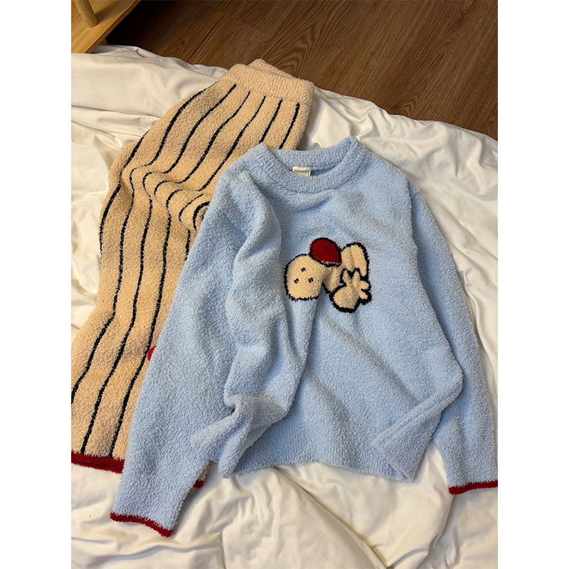 韩版卡通半边绒睡衣女2025秋冬季新款加绒加厚毛绒针织家居服套装