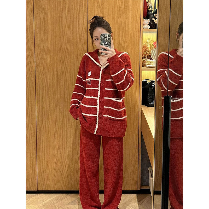 新年红可爱风半边绒睡衣女2025冬季新款加绒海军领圣诞家居服套装