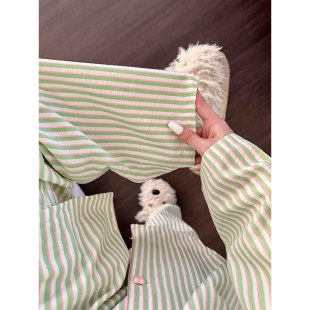 睡衣女2026夏季 大码 可外穿长袖 长裤 韩版 家居服套装 绿色条纹开衫