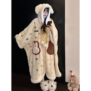 可爱米菲兔连帽珊瑚绒睡裙女2025秋冬季 家居服睡袍加厚睡裙可外穿