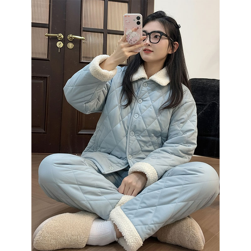 甜美可爱纯色夹棉睡衣女款2025冬季新款保暖加厚家居服套装可外穿