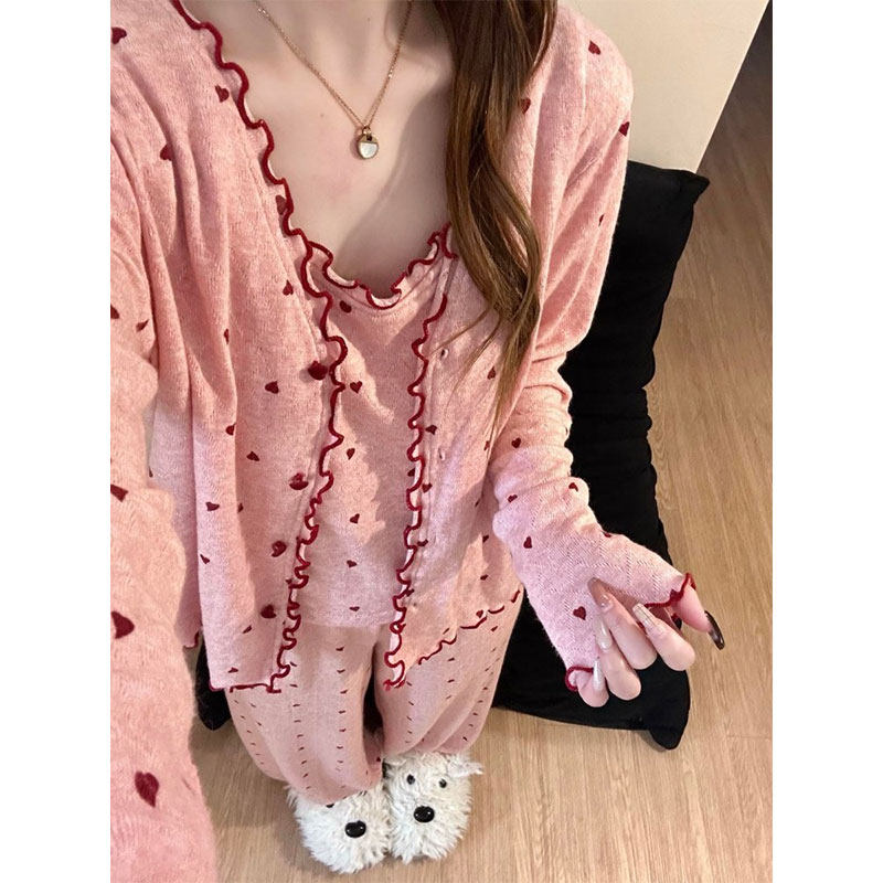 韩系休闲卡通爱心印花德绒睡衣女款春秋季新款居家服三件套可外穿,女士内衣/男士内衣/家居服,睡衣/家居服套装,淘宝优惠券,粉丝福利购,淘宝优惠卷