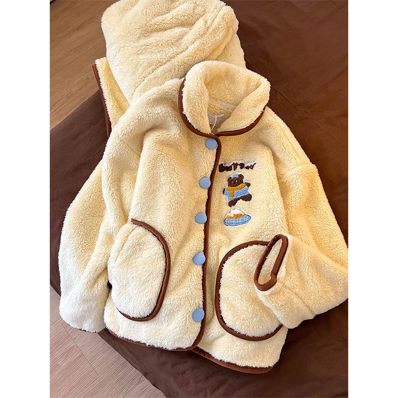 甜美小熊印花珊瑚绒开衫睡衣女