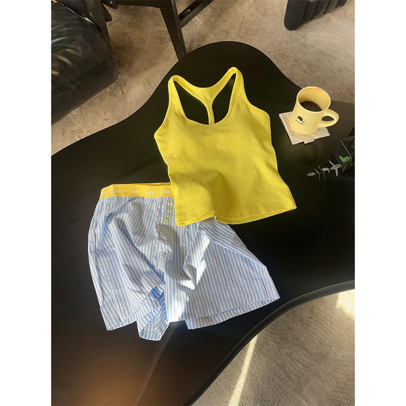 复古高级感小众带胸垫小吊带睡衣女夏季新款松弛感条纹短裤家居服