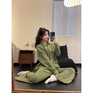 清新抹茶绿撞色线条毛绒睡衣女开衫款亲肤舒适可外穿家居服两件套