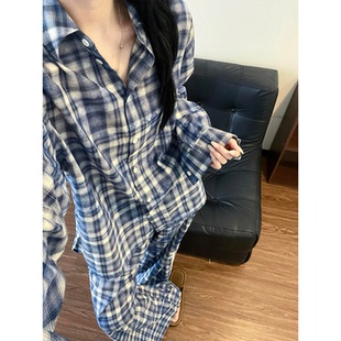 韩系慵懒风格子睡衣女早秋新款长袖翻领开衫宽松套装可外穿家居服