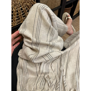 女夏季 高级感阔腿家居裤 韩系复古亚麻条纹睡裤 新款 子大码 遛弯长裤