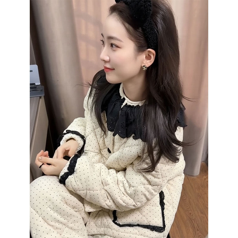 法式甜美波点花边夹棉睡衣女冬季2025新款大码宽松加绒家居服套装,女士内衣/男士内衣/家居服,睡衣/家居服套装,淘宝优惠券,粉丝福利购,淘宝优惠卷