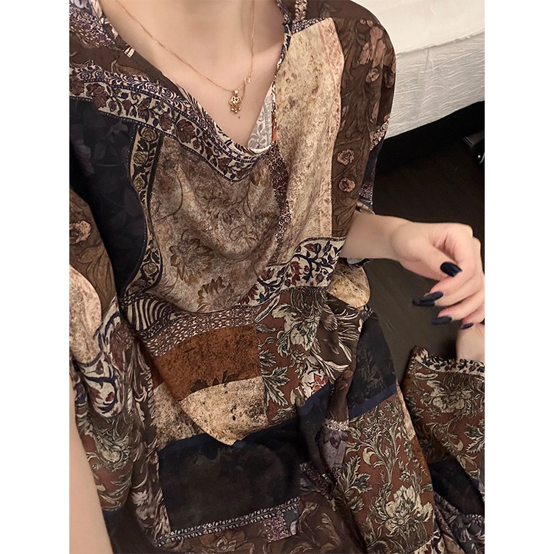 复古民族风小众拼接印花七分袖睡衣女夏季新款长裤家居服套装外穿