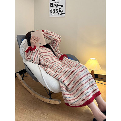 日系甜美条纹长袖半边绒睡裙女
