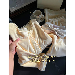 软糯奶呼呼海岛绒睡衣女秋冬新款保暖家居服长袖开衫长裤大码套装