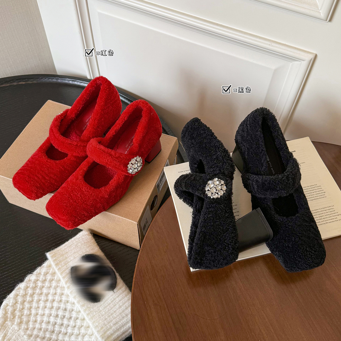 时尚粗跟一字扣水钻百搭玛丽珍