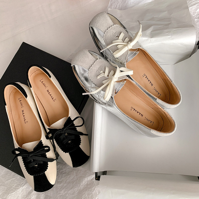 韩版圆头浅口拼接系带单鞋内增高