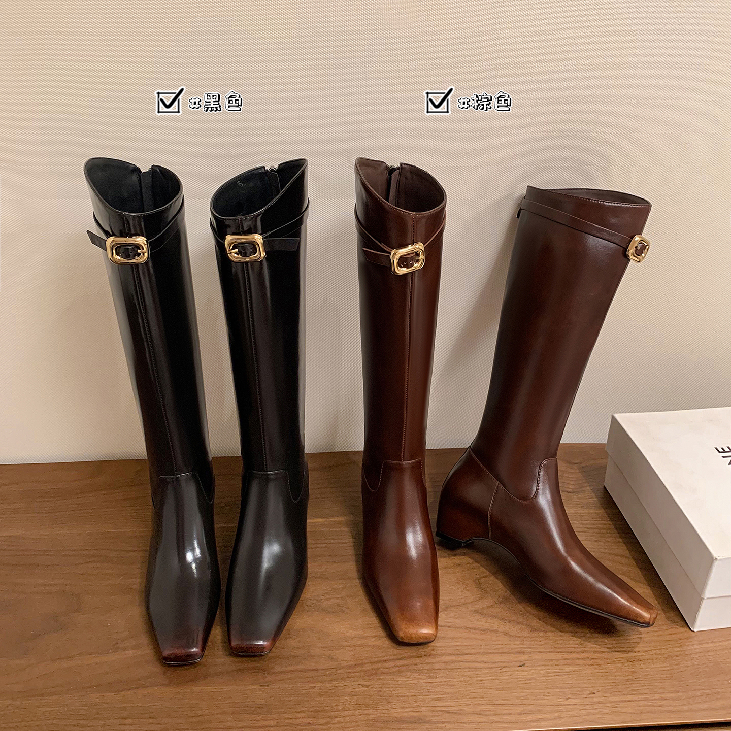 2025冬季简约时尚方头高筒靴皮带扣后拉链时装靴通勤百搭粗跟牛皮