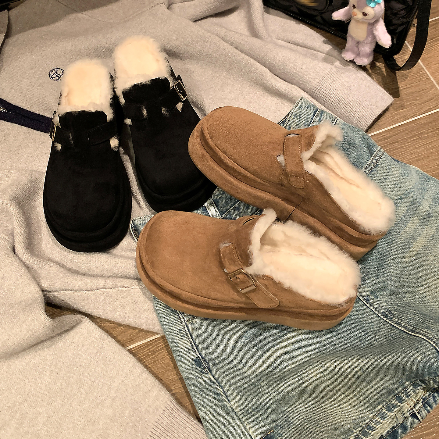 休闲圆头深口皮带扣长绒毛毛拖