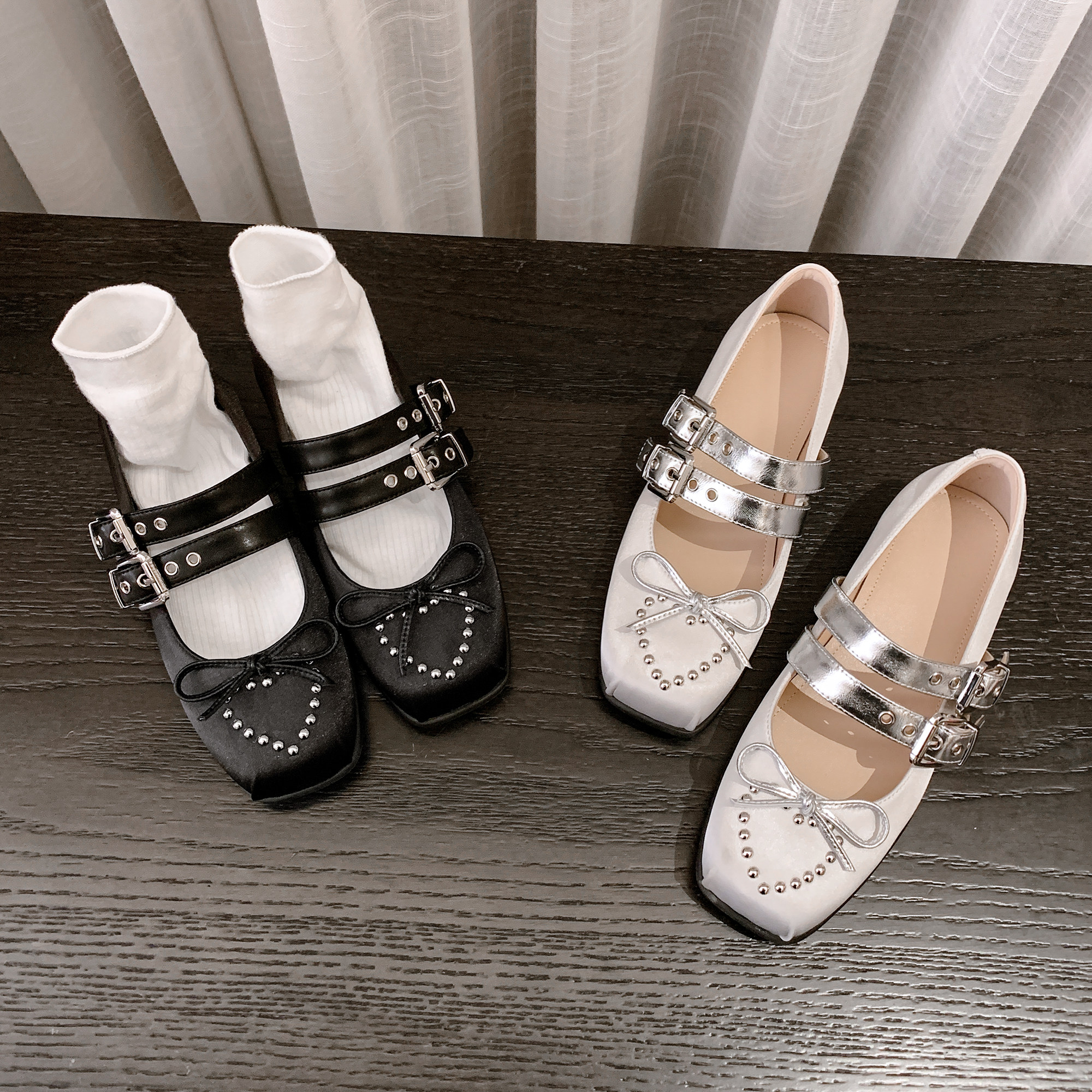 圆圆妈2026春季新款甜酷单鞋百搭方头蝴蝶结铆钉一字扣气质玛丽珍,女鞋,玛丽珍鞋,淘宝优惠券,粉丝福利购,淘宝优惠卷