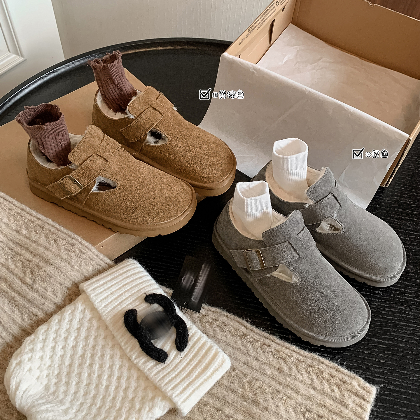 简约圆头深口皮带扣长绒勃肯鞋