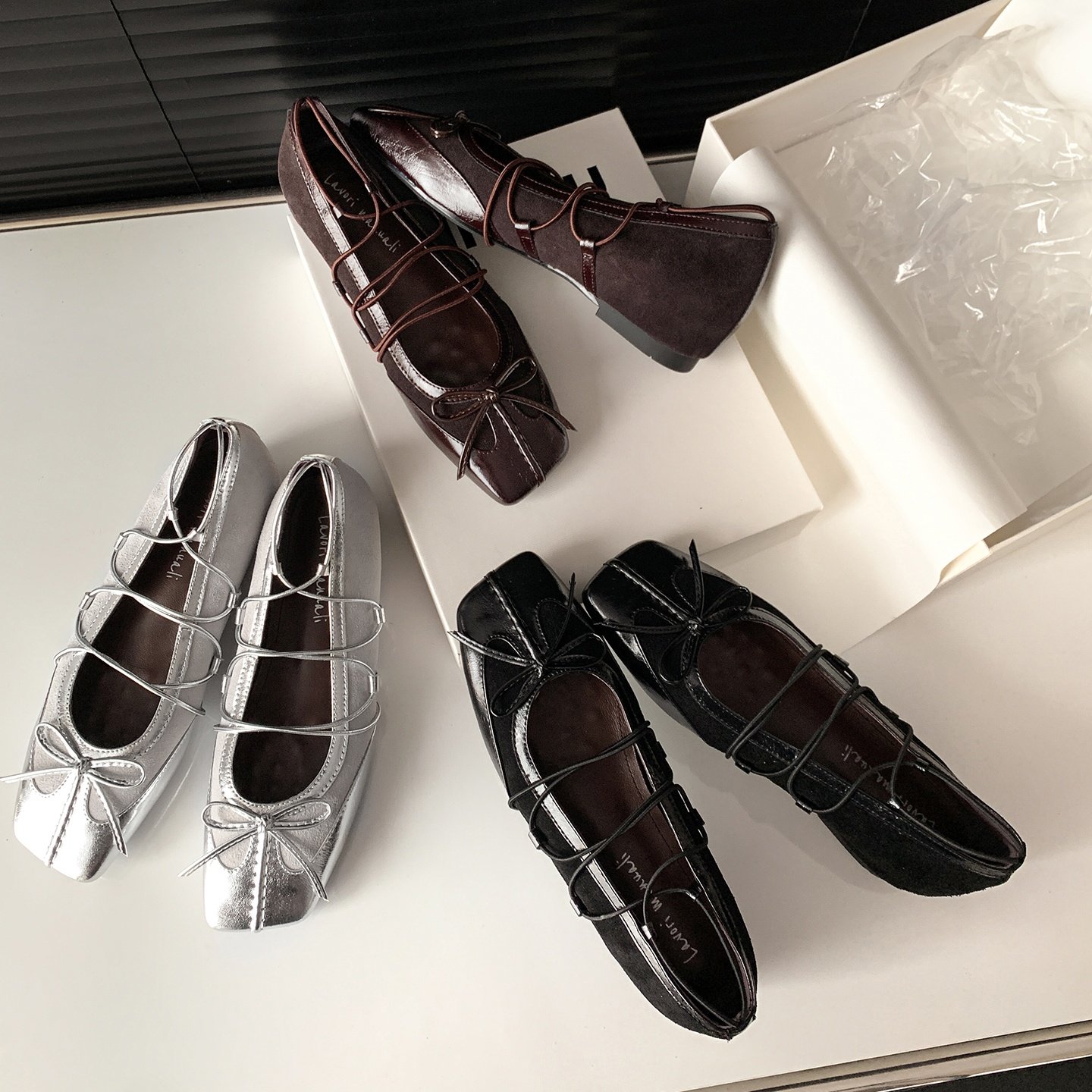 时尚方头浅口蝴蝶结松紧带芭蕾鞋