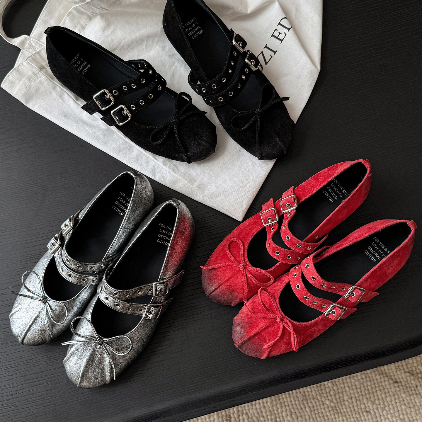 复古圆头浅口蝴蝶结双排扣玛丽珍