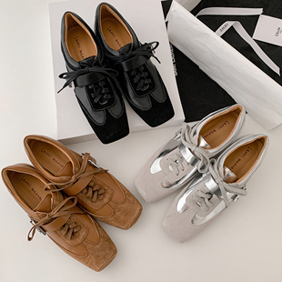 圆圆妈2026春季复古单鞋方头深口拼接系带德训鞋舒适休闲内增高鞋